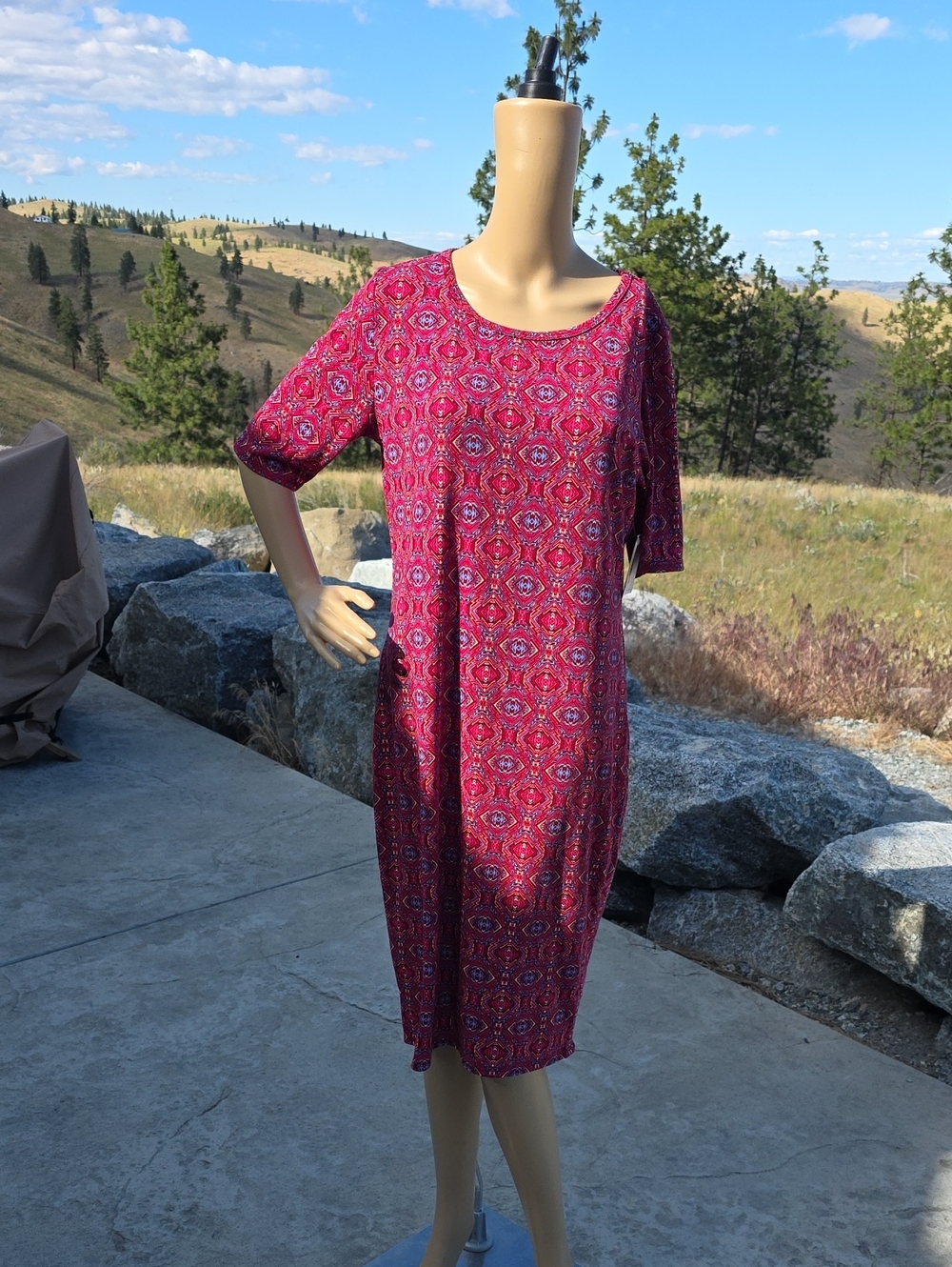 Women's Scoop Neck Patterned Midi Dress - Pink